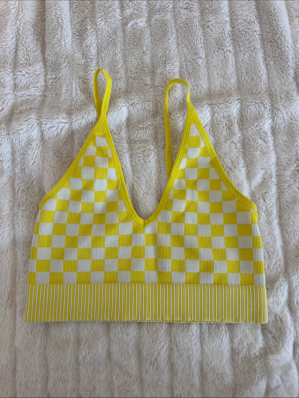 Yellow & White Checker Knit deep V Bralette